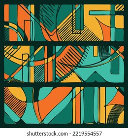 Fondo lineal de color naranja y verde con diferentes elementos de forma geométrica. Plantilla moderna de ilustración de patrones gráficos