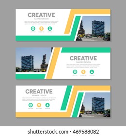 Orange and green corporate business banner  set. Vector geometric cover header background template for website design.