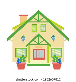 Orange green Cottage and tree Small country house flat icon vector illustration on white background