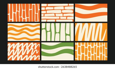 Orange, green, and cream wavy lines with bold hand-drawn strokes, ideal for artistic designs and retro themes.