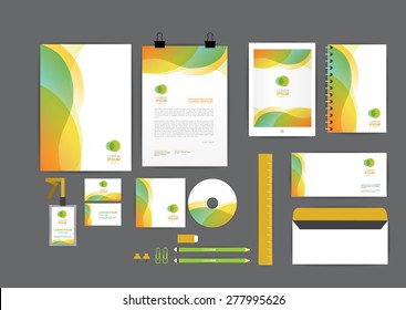 orange and green with curve graphic corporate identity template  for your business includes CD Cover, Business Card, folder, ruler, Envelope and Letter Head Designs