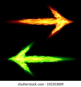 Orange and green fire arrows pointing in opposite directions on black background