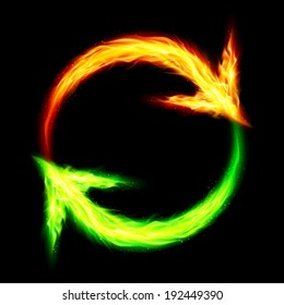Orange and green fire circular arrows on black background