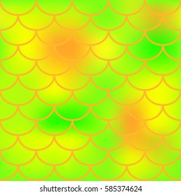 Orange green fish skin vector pattern for background. Bright fish scale seamless pattern. Gradient mesh background with fishscale ornament. Vibrant yellow green color mix. Golden fish tail ornament