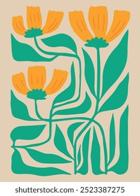 Orange And green Flower Poster, Abstract Botanical Art, Matisse Inspired Botanical Print, Japandi Wall Art, Boho Flower Print, Digital Art