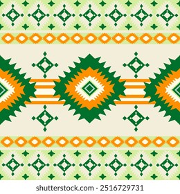 Orange and green geometric patterns that are traditional, ethnic, Navajo, or Native American Indian. designs for clothing, curtains, carpets, sarongs, Hmong, and fabric edges.