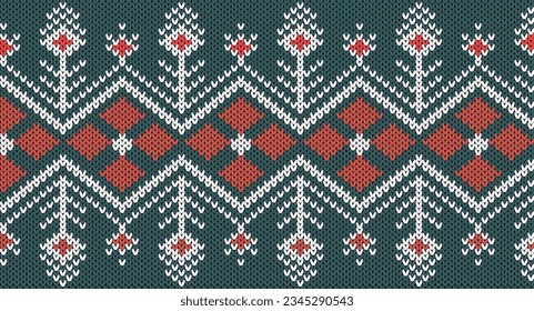 Orange and green  Knitting Pattern, Festive Sweater Design. Seamless Knitted Pattern, Norway Festive Sweater Fair Isle Design.