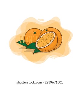Orange with green leaf of orange in cartoon design for fruit advertising template design