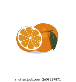 Orange with green leaf in flat style. Orange slice isolated on white background. . Vegetarian food. Vector illustration