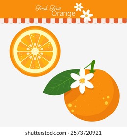 Orange with green leaves in flat style. Tropical citrus fruit slice isolated on light background. All layered and grouped. Vector.