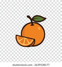 Orange with green leaves in flat style. Citrus slice isolated on white background. Tropical fruits. Raw and vegetarian food. Vector illustration.