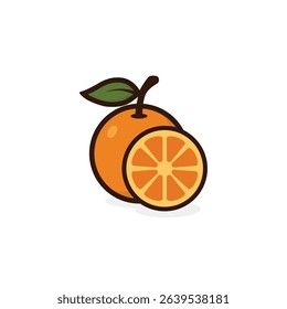 Orange with green leaves in flat style. Citrus slice isolated on white background. Tropical fruits. Raw and vegetarian food. Vector illustration.