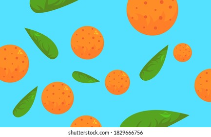 orange and green leaves objects on blue background wallpaper for design concept of food and vitamins