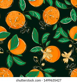 Orange with green leaves seamless pattern. Trend Fruit Print. Vector illustration.