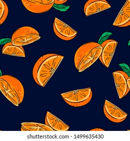Orange with green leaves seamless pattern. Trend Fruit Print. Vector illustration.