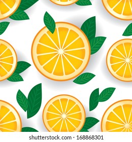 Orange with green leaves seamless pattern. Vector.