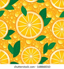 Orange with green leaves seamless pattern. Vector.