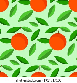 orange with green leaves seamless vector pattern. light green background