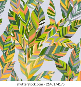 Orange green leaves vector tropical exotic foliage seamless pattern. Many green leaves with striped texture. Palm or eucalyptus foliage natural illustration.