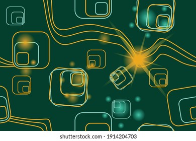 orange and green lines, squares and lights on a dark green background, abstract seamless pattern