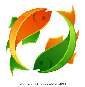 Orange and green opposite fish on a white background