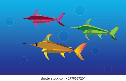 orange green & pink color three fish swimming in blue color gradient water vector image