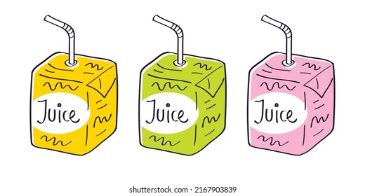 Orange, green and pink juice box with straw isolated cartoon vector illustration.