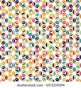Orange, green, red, yellow, pink, goldenrod spot seamless pattern on white. Round triangle flower background. Abstract floral geometric texture for prints, textile, wrapping, fabric, package, cover