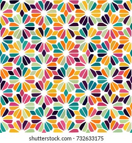 Orange, green, red, yellow, pink spot seamless pattern on white. Tiled round diamond flower background. Abstract floral geometric texture for prints, textile, fabric, cover, greeting card