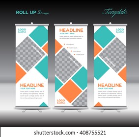 Orange and green Roll Up Banner stand  template vector illustration, display, advertisement, polygon background, flyer design