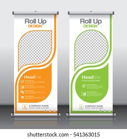 Orange and green roll up business brochure flyer banner design vertical template vector, cover presentation abstract geometric background, modern publication x-banner and flag-banner, rectangle size.
