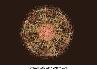 Orange green round floral pattern from curved lines on a black background. Abstract vector image.