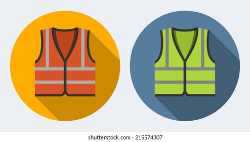 Orange and green safety vests icons, flat style