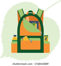 Orange and green school backpack on a background of linden leaf. Vector image. Whole items. In the bag you can put a bottle, a light snack, notebooks, stationery, a ruler, pencils, a smartphone.