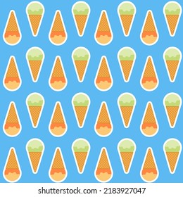 Orange green scoop of sorbet ice cream in a waffle cone on a blue background for design