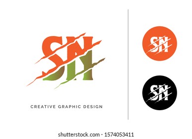 Orange green scratched SN letter template logo design with circle icon