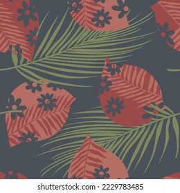 orange and green seamless floral vector leaf pattern on grey background
