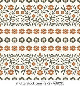 Orange and green seamless pattern with floral ornament. Traditional Arabic, Indian motifs. Great for fabric and textile, wallpaper, packaging or any desired idea.
