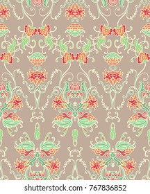 Orange - green seamless vector floral ornament on beige background