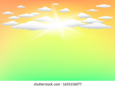 orangefarbener und grüner Himmel, heller Hintergrund. Cartoon-Wolken auf farbigem Hintergrund