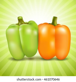 Orange and green sweet pepper on colorful background. Vector illustration.