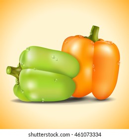 Orange and green sweet pepper on colorful background. Vector illustration.