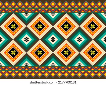 Orange Green Symmetry Two Square Geometric Ethnic Seamless Pattern Design on Brown Background. Eastern Embroidery Style