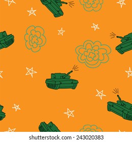 Orange and green tank seamless vector pattern. Defender of the Fatherland Day. 23 February