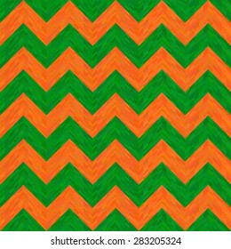 Orange and Green Textured Zigzag Seamless Pattern. Geometric background for business brochures, cards, website templates. Simple and vivid summer design. 70s motif, graphic art. Vector illustration