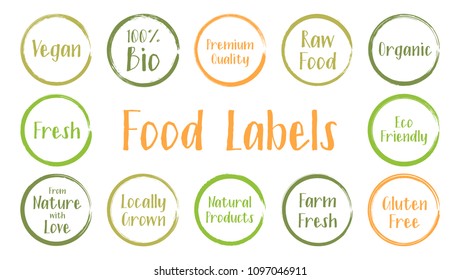 Orange green vector organic labels, eco stamps for restaurants menu, natural products packaging. Fresh raw food vegan gluten free eco friendly premium quality locally grown organic healthy food labels