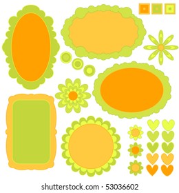 Orange and green vector tag or label collection, flowers and hearts