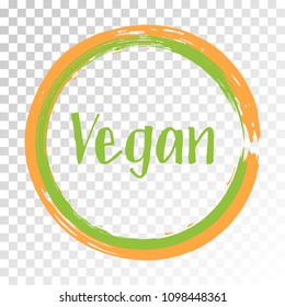 Orange green vegan diet label, painted logo emblem for food packaging, circle frame stamp vector illustration. Food vegan sticker, round logo vegetarian diet icon clip art, simple label graphic design