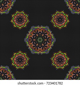 Orange, green and violet vintage textile print over a black backdrop. Seamless pattern oriental ornament. Motley tiles with floral motif. Islamic vector design.
