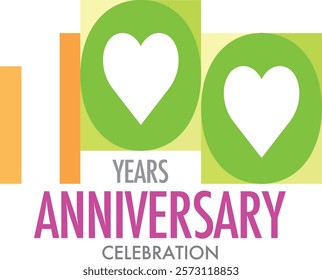 orange and green with white heart shape number 100 and word years anniversary celebration are at the bottom.